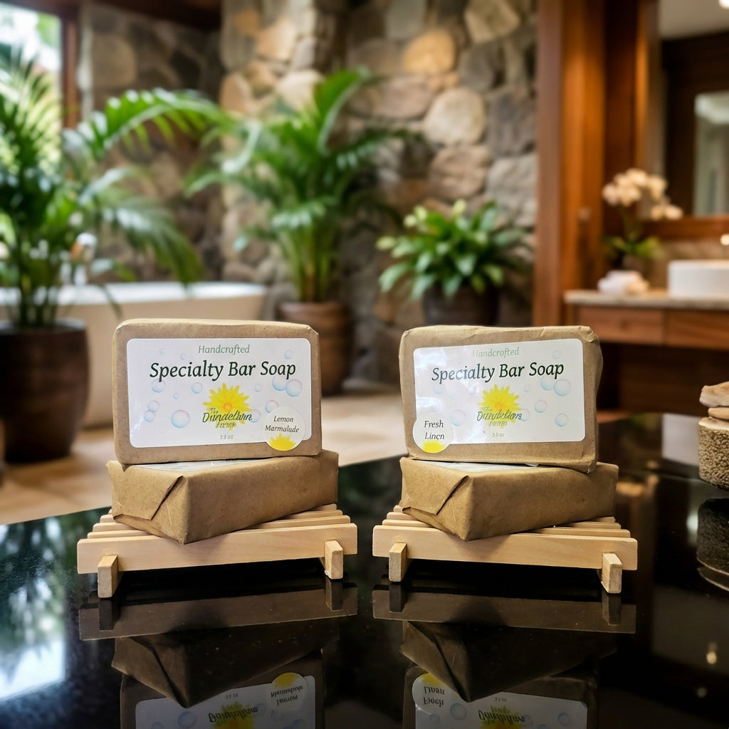 Create a dynamic lifestyle scene featuring the 'Specialty Bar Soap' collection in an elegant bathroom vanity setting. Use HDR studio lighting to vividly illuminate each soap's unique liquid infusion—distilled water, coffee, beer, and wine—highlighting thei