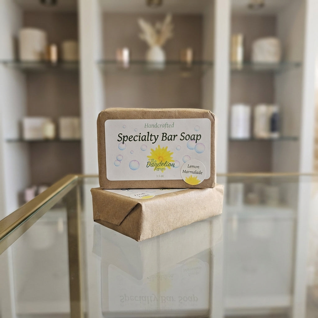 Photograph the 'Specialty Bar Soap' collection as standalone pieces on a pristine, reflective glass display in an upscale boutique setting. Utilize a combination of diffused daylight and rim lighting to emphasize the translucency and artisanal craftsmanshi