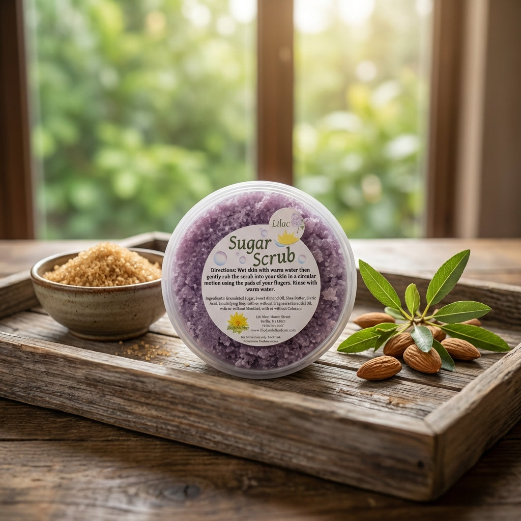 Present the 'Sugar Scrub' in a natural, spa-inspired environment. The product is placed on a rustic wooden tray beside a small bowl of raw sugar and a sprig of almonds, all under HDR studio lighting that enhances the warm, organic colors. Shot from a sligh