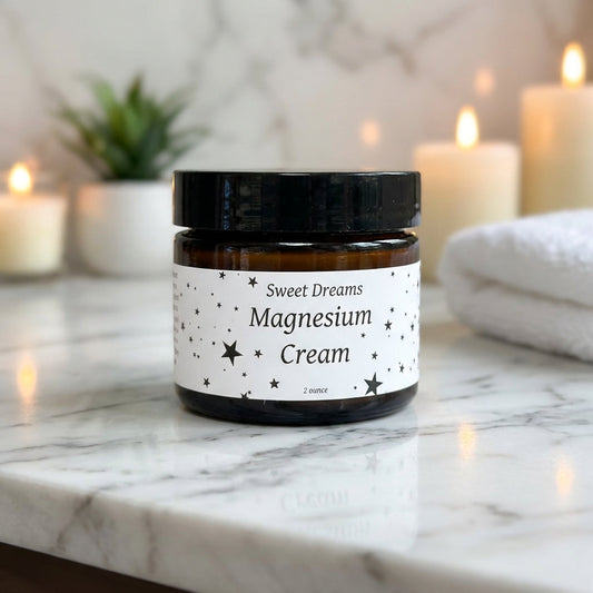 Capture a high-resolution close-up shot of the 'Magnesium Cream' jar placed on a sleek, minimalist marble countertop inside a modern, luxurious skincare studio. Use softbox lighting to highlight the creamy texture and subtle shimmer of the product. The bac