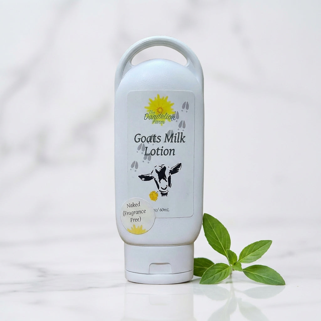 A close-up shot of the 'Travel Goats Milk Lotion - 2 ounce' bottle, captured with a macro lens in a luxury product studio. The bottle is centered, with softbox lighting highlighting its smooth, matte, pastel green textured surface, emphasizing its compact 