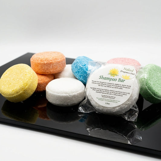 A high-resolution studio shot of the 'Shampoo - Bars' product, showcasing multiple bars elegantly arranged on a sleek, reflective black surface. The scene is illuminated with softbox lighting to emphasize the natural textures and organic ingredients of the