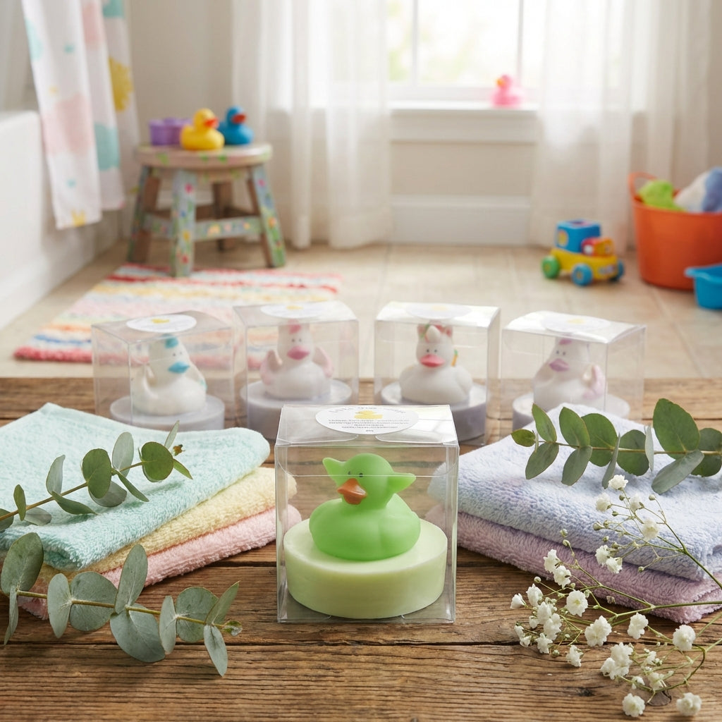 A whimsical scene of Little Buds Soaps arranged on a rustic wooden table in a cheerful children’s bathroom. The soaps are styled amidst greenery and soft fabric towels, with one soap in focus showing the detailed animal toy on top. The lighting simulates d