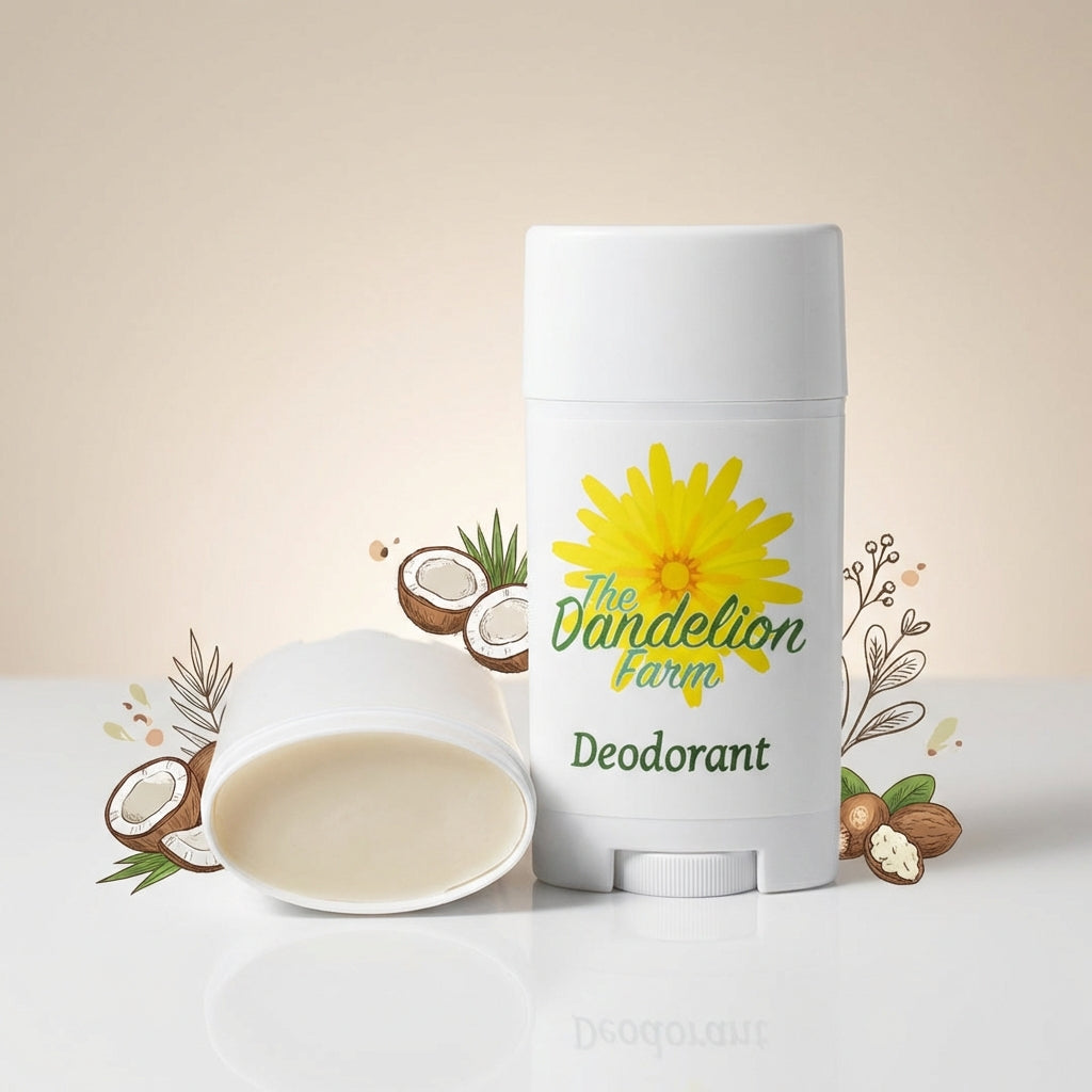A highly detailed studio shot of a natural deodorant stick placed centrally on a clean, minimalist white background. The scene is illuminated with softbox lighting, creating gentle shadows that highlight the product's smooth, matte surface. The deodorant’s