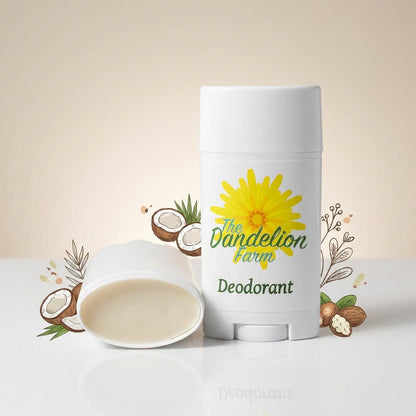 A highly detailed studio shot of a natural deodorant stick placed centrally on a clean, minimalist white background. The scene is illuminated with softbox lighting, creating gentle shadows that highlight the product's smooth, matte surface. The deodorant’s
