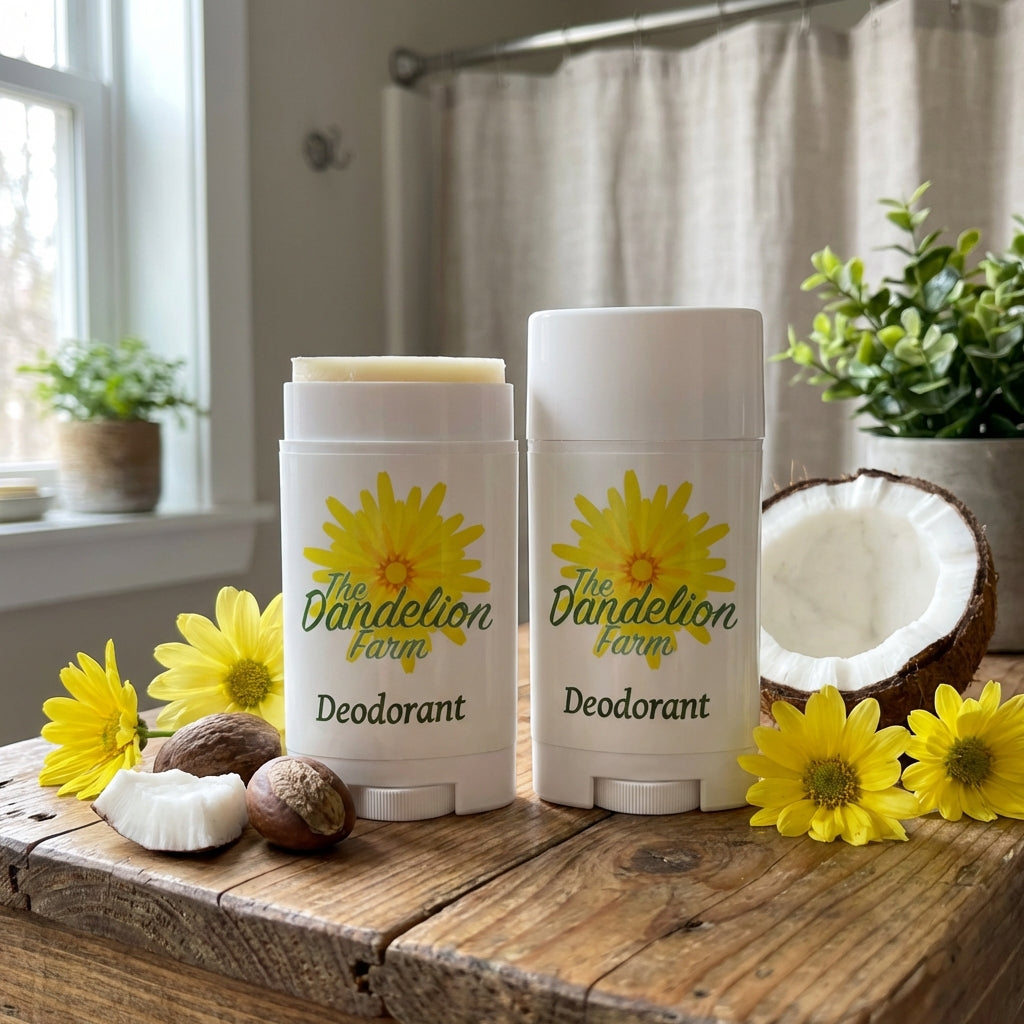 A vibrant lifestyle setting featuring the natural deodorant on a rustic wooden bathroom counter. The scene uses natural daylight diffused through a window, creating a bright, airy atmosphere. The deodorant stands upright beside a handful of raw coconut, sh