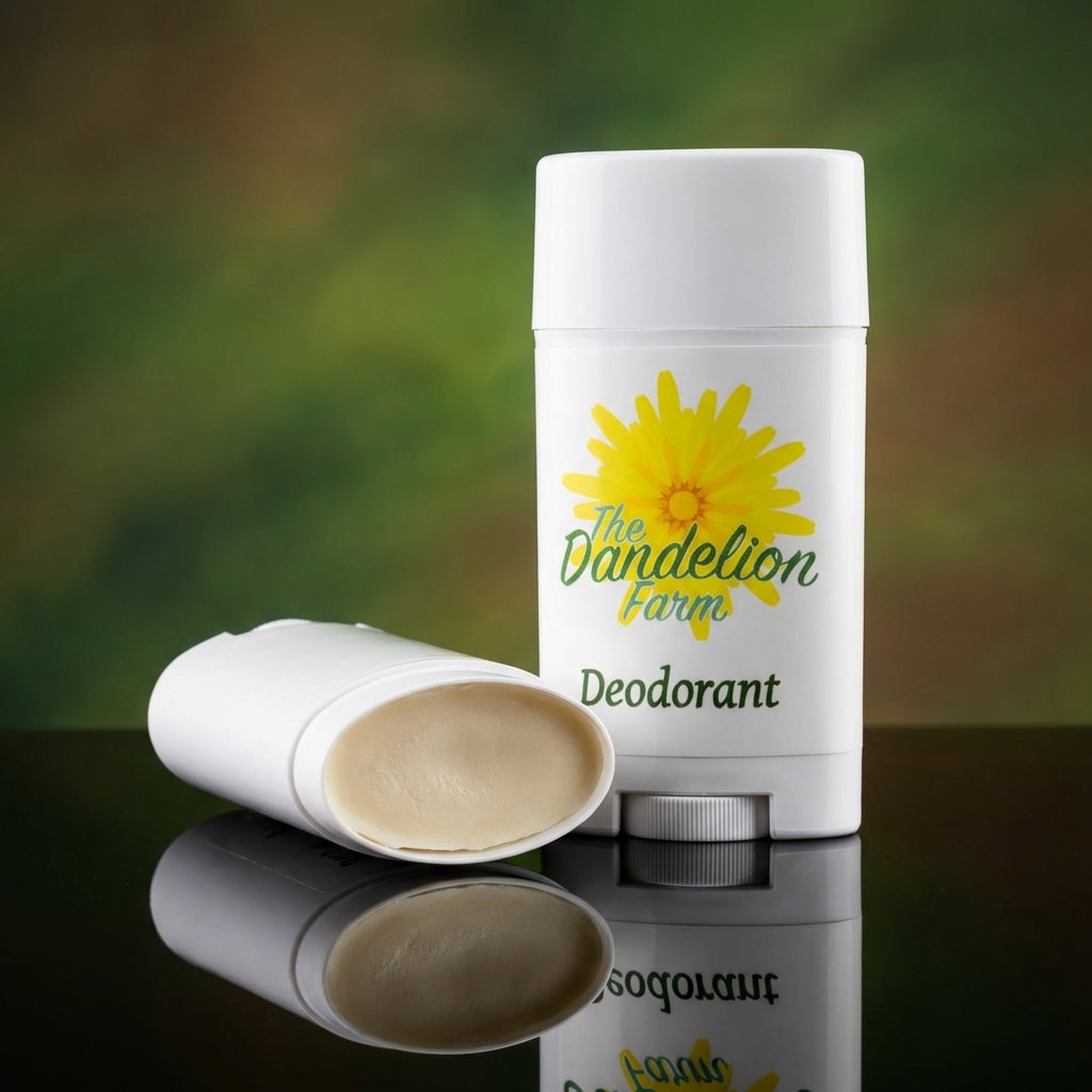 A modern, high-concept studio shot of the natural deodorant standing upright on a sleek black reflective surface. The lighting features HDR studio lights with soft diffused overlays, producing a high-contrast image that highlights the smoothness and textur