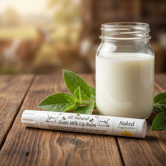 1. A close-up, high-resolution studio shot of the Goat Milk Lip Balm placed on a rustic wooden surface, illuminated by softbox lighting to enhance its creamy, smooth texture. The scene features a vintage glass jar of fresh goat milk, with a couple of fresh