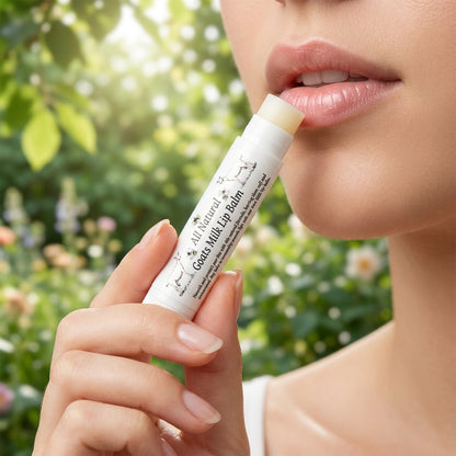 2. A sophisticated lifestyle scene shot in natural daylight with a diffused studio lighting setup, showcasing the Goat Milk Lip Balm held delicately between a model’s fingertips. The model’s lips are subtly parted, emphasizing the nourishing, hydrating eff