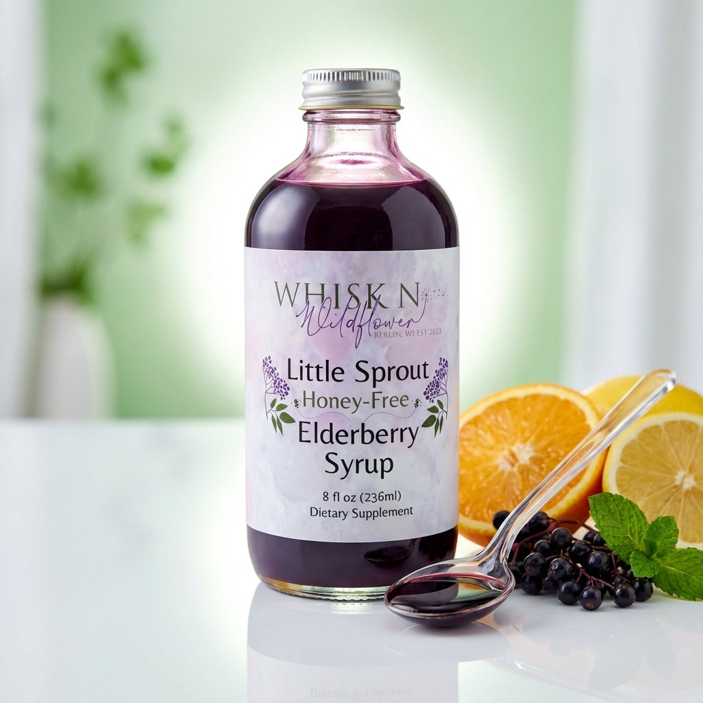 A vibrant studio shot featuring the Little Sprout Elderberry Syrup prominently centered on a sleek, white surface. Backlit by HDR studio lighting to create a luminous halo effect around the transparent bottle, revealing the deep purple color of the syrup. 