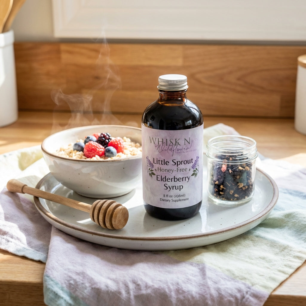 A lifestyle scene set in a brightly lit, cozy kitchen: the Little Sprout Elderberry Syrup bottle sits on a ceramic breakfast dish next to a steaming bowl of oatmeal topped with berries, a honey dipper, and a small jar of organic ingredients. High-key, diff