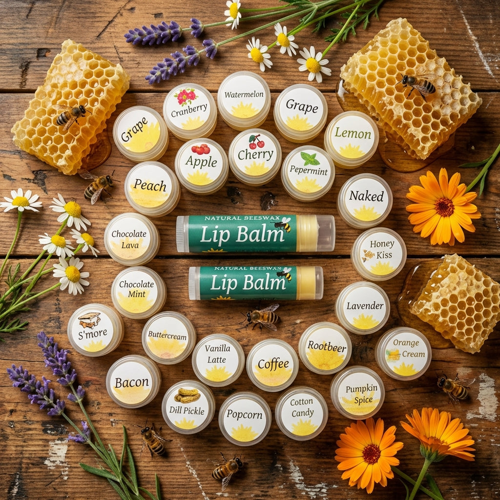 An overhead shot of the 'Natural Bees Wax Lip Balm' arranged in a casual, rustic setting on a distressed wooden table. Utilizing HDR studio lighting to bring out the warm golden tones of the beeswax, the scene features a background of fresh honeycomb, bees