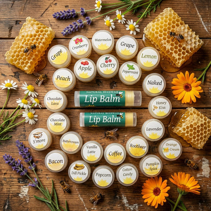 An overhead shot of the 'Natural Bees Wax Lip Balm' arranged in a casual, rustic setting on a distressed wooden table. Utilizing HDR studio lighting to bring out the warm golden tones of the beeswax, the scene features a background of fresh honeycomb, bees
