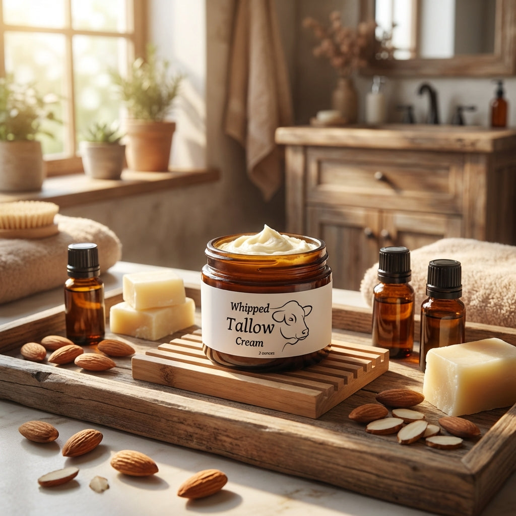 Set in a warm, rustic bathroom scene with natural daylight pouring through a window, showcase the 'Whipped Tallow Cream' jar placed on a wooden tray alongside ingredients like almonds, tallow blocks, and essential oil bottles. Use diffused daylight and HDR