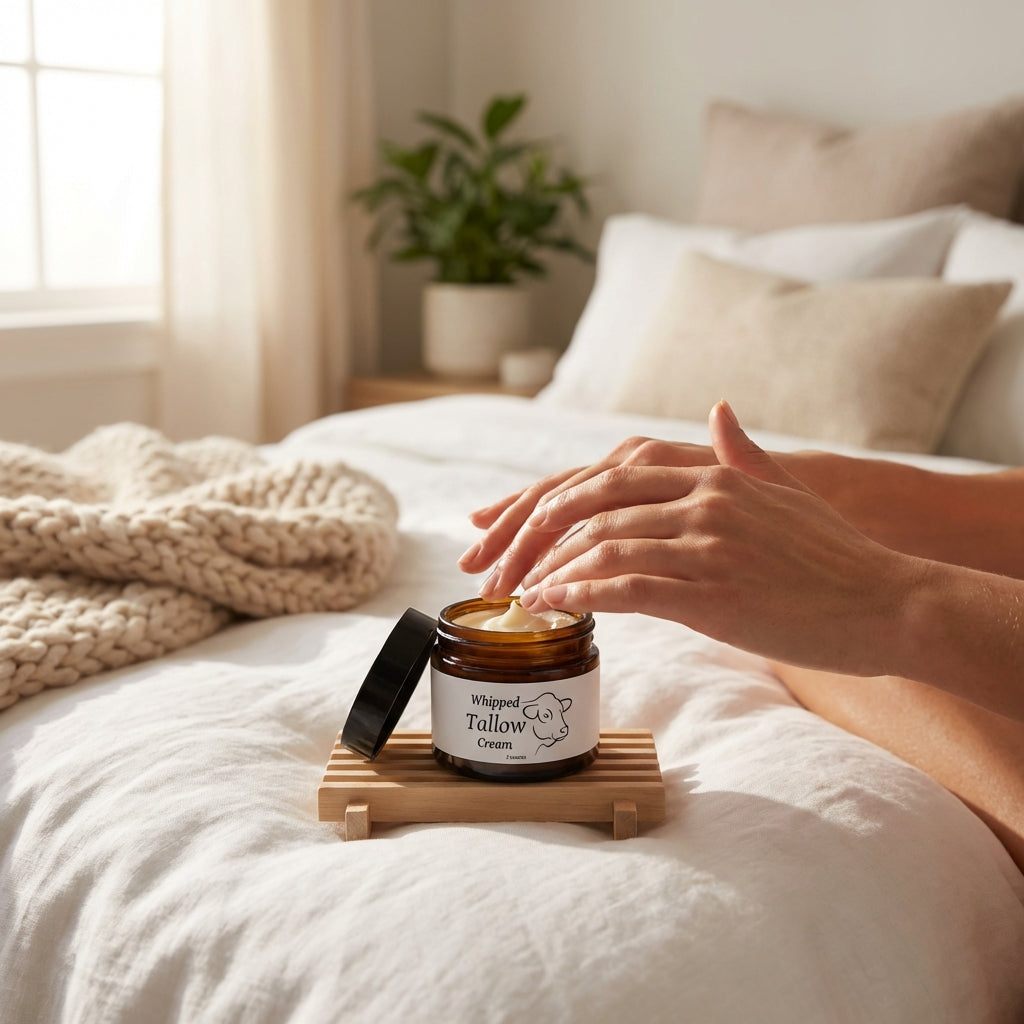 Design a lifestyle scene featuring a woman with glowing, hydrated skin gently applying 'Whipped Tallow Cream' in a serene, softly lit bedroom environment. Use natural window light with a diffuser to create a gentle, inviting glow. Capture the moment at a s