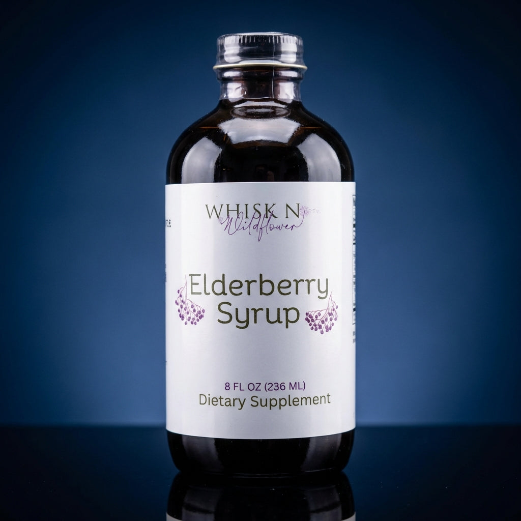 A highly detailed studio shot of a 2 oz elderberry syrup bottle, captured with a softbox lighting setup that accentuates the glass's clarity and the rich, viscous texture of the syrup inside. The bottle is positioned centrally on a reflective black surface