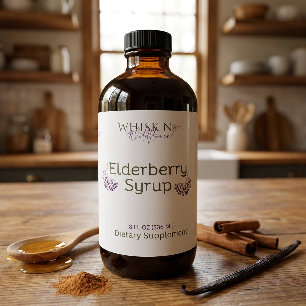 A vibrant lifestyle scene of a rustic kitchen countertop featuring a 2 oz elderberry syrup bottle in the foreground. The bottle is illuminated by diffused daylight from a nearby window, creating soft, natural shadows and highlighting the thick, dark syrup 