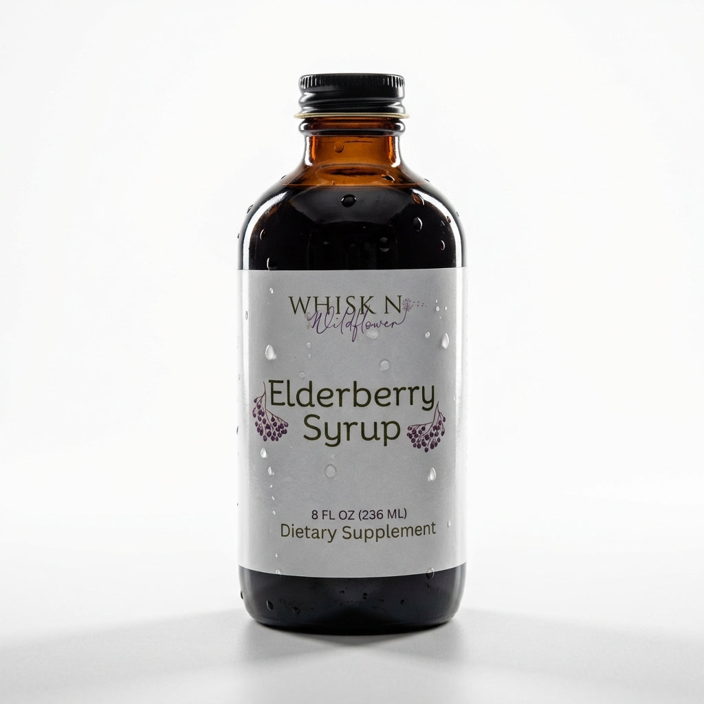A sophisticated, HDR studio shot of the elderberry syrup 2 oz bottle, shot from a slightly elevated front view with a macro lens to emphasize the texture of the label and the glass. The lighting uses rim lights to create a glowing edge around the bottle, e