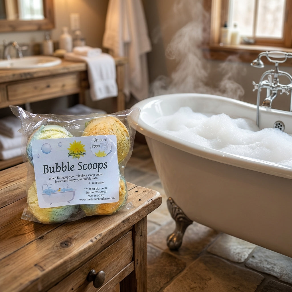 A lifestyle scene featuring Bubble Scoops arranged on a rustic wooden bathroom vanity, shot with a wide-angle lens at 24mm, capturing the setting from a slightly elevated perspective. The scene includes a vintage clawfoot bathtub filled with bubbly foam, w