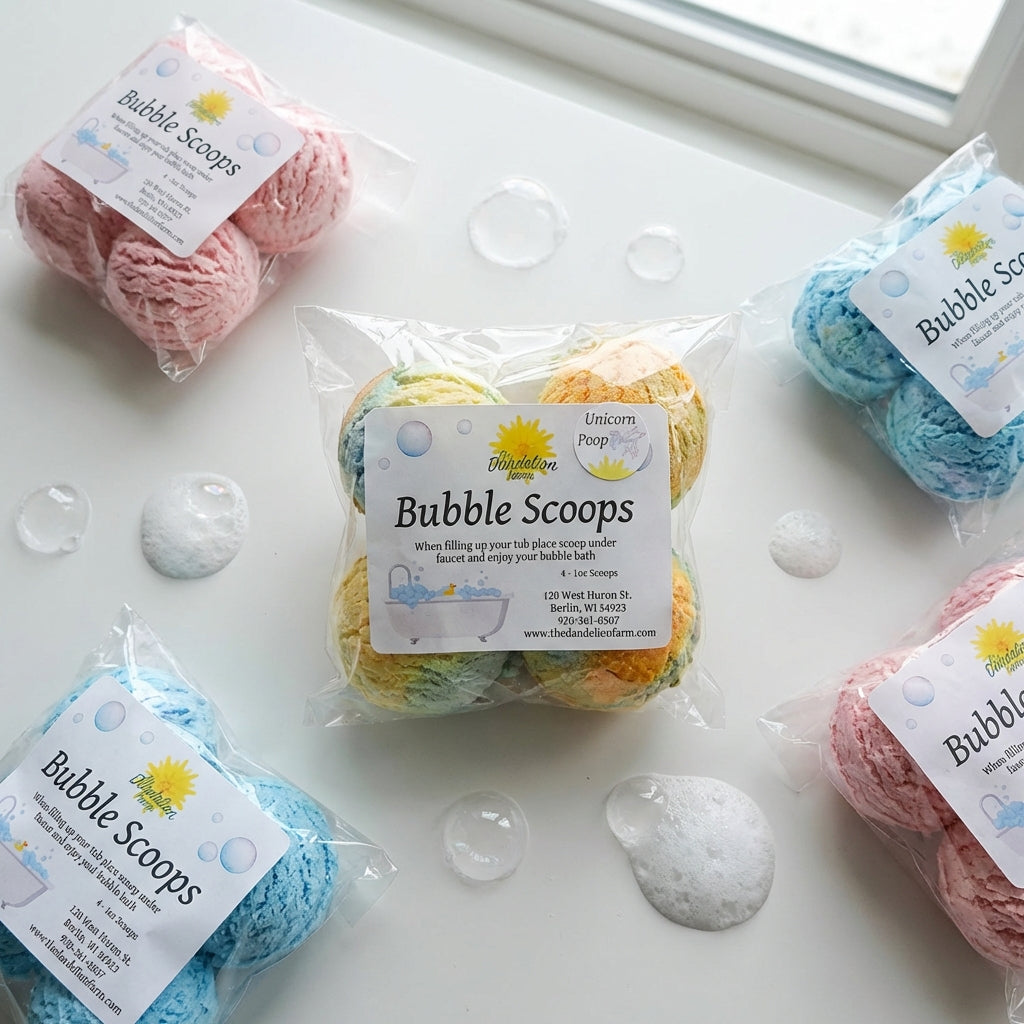 A product flat lay of Bubble Scoops artfully scattered on a clean, matte white surface, shot with a 50mm lens at a high angle, camera set to maximize sharpness with a deep depth of field. The scene is illuminated by diffused daylight from a large window, c
