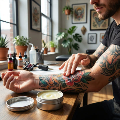 A vibrant lifestyle scene featuring a person with freshly tattooed arm applying the Tattoo Balm in a bright, airy tattoo studio. The composition captures a close-up from a side angle, with natural daylight streaming through large studio windows, emphasizin