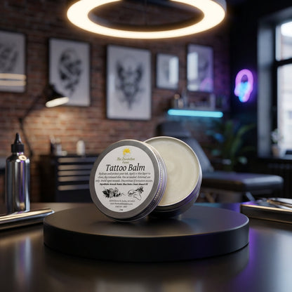 An elegant product display featuring the Tattoo Balm on a sleek, matte black platform with sophisticated lighting from a ring light above, creating a soft halo effect. The background is a blurred, modern tattoo studio environment with subtle neon accents, 
