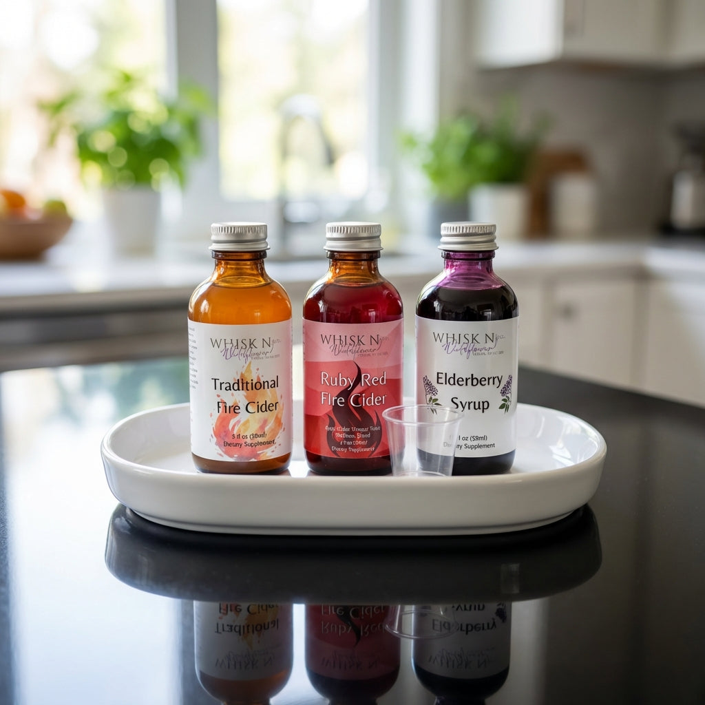 A high-resolution studio shot of the 'Wellness Trio – 2 oz Sample Set,' featuring three small glass bottles arranged in a sleek, minimalist white ceramic dish on a reflective black surface. Softbox lighting highlights the vibrant colors of each label—Tradi