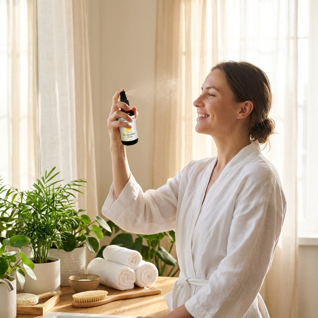 A vibrant, lifestyle scene of a woman in a bright, airy bathroom, holding the Chaga Facial Mist near her face for a quick spritz. The shot is captured at a slight high-angle with a 50mm lens, focusing on her refreshed expression. Natural daylight filters t