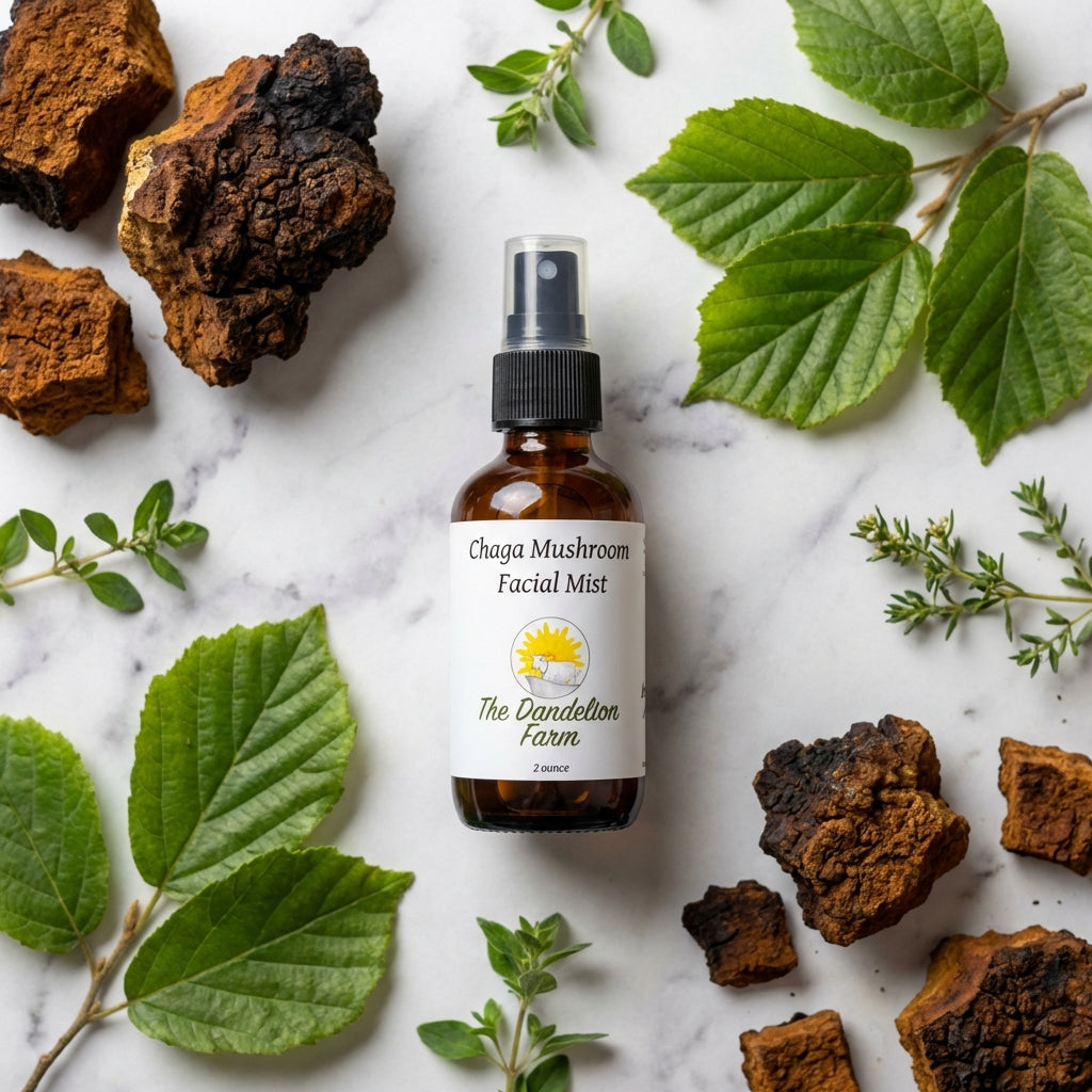 An artistic flat-lay composition on a textured marble surface, featuring the Chaga Facial Mist surrounded by natural elements like Chaga mushrooms, witch hazel leaves, and small sprigs of herbs. The scene is illuminated with diffuse HDR studio lighting to 