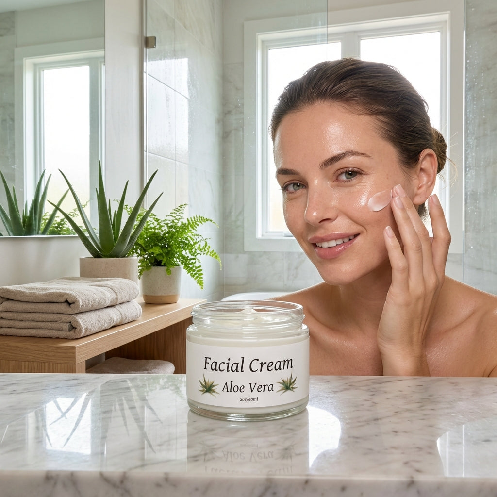 A dynamic lifestyle scene featuring the Aloe Vera Facial Cream in use; a woman gently applying the cream to her face in a bright, airy bathroom with natural light pouring in through large windows. The shot is at eye level with a wider lens (24mm), capturin