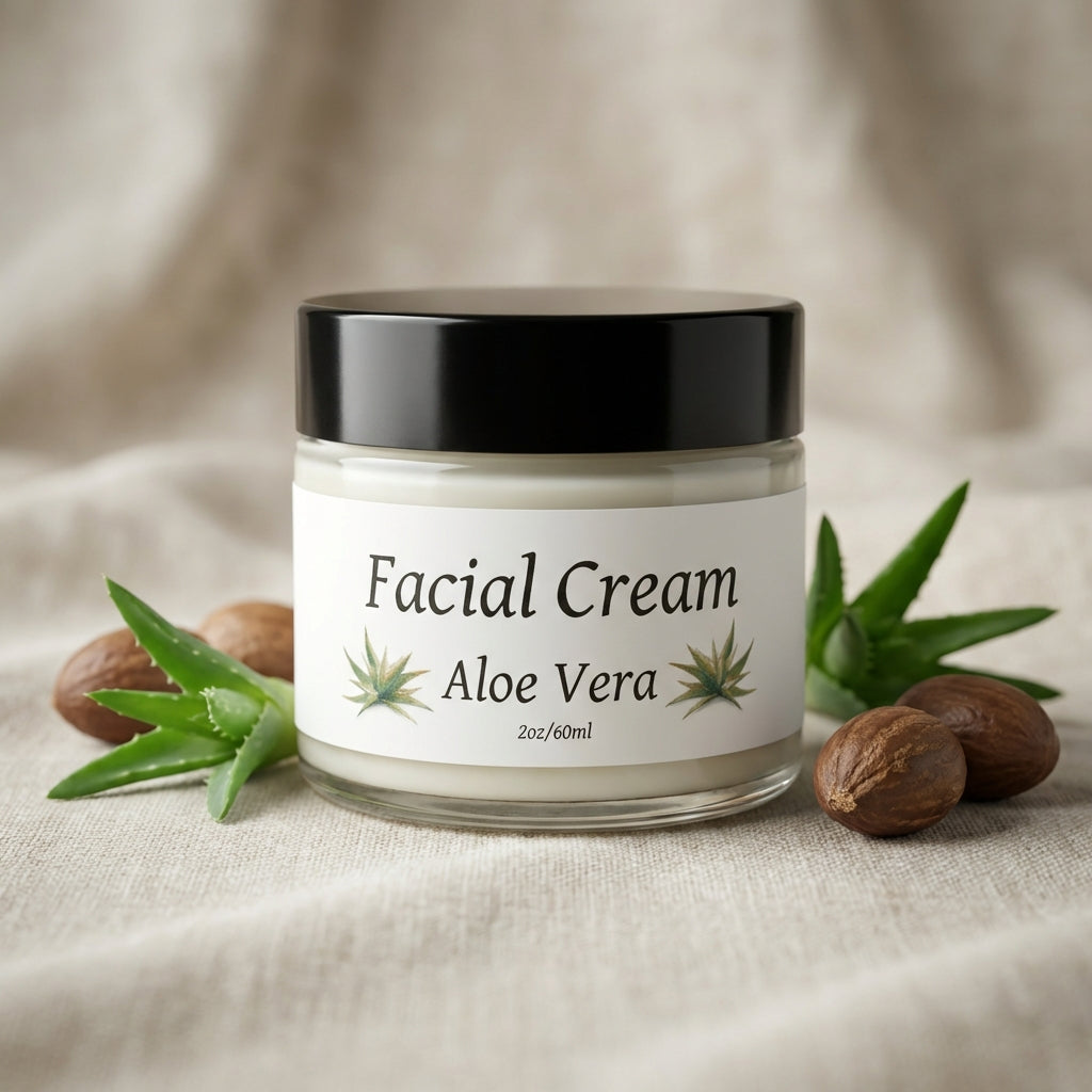 A product shot of the Aloe Vera Facial Cream jar on a softly lit, textured fabric backdrop with a shallow depth of field. The lighting employs a HDR studio light setup to create soft highlights and subtle shadows that accentuate the creamy texture and natu