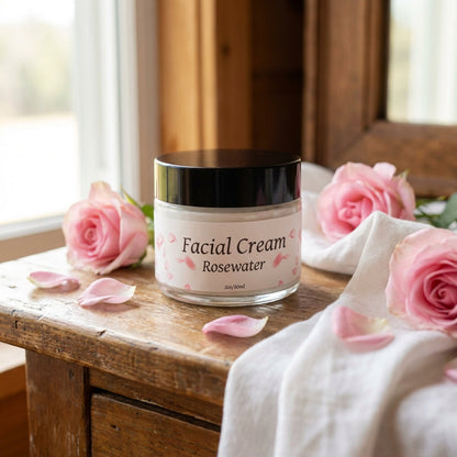 A minimalist lifestyle scene showcasing the Rosewater Facial Cream on a rustic wooden vanity with natural light streaming through a large window, creating a serene and inviting atmosphere. This close-up shot uses an 85mm lens to focus on the jar, capturing