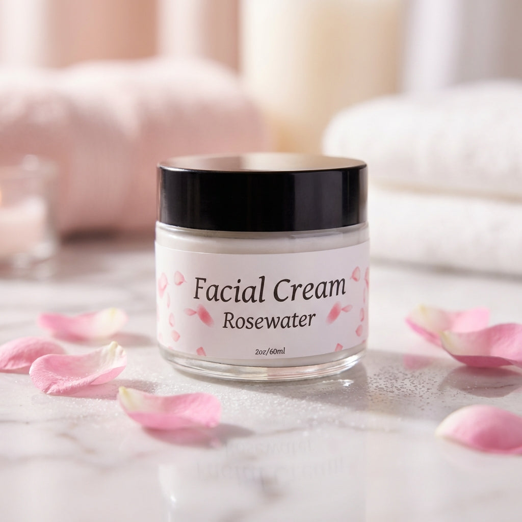 An artistic, cinematic rendering of the Rosewater Facial Cream in a luxurious spa-like setting. The product is placed on a elegant marble surface with a blurred background of soft pinks and whites, evoking a calming, romantic mood. The scene is shot at eye