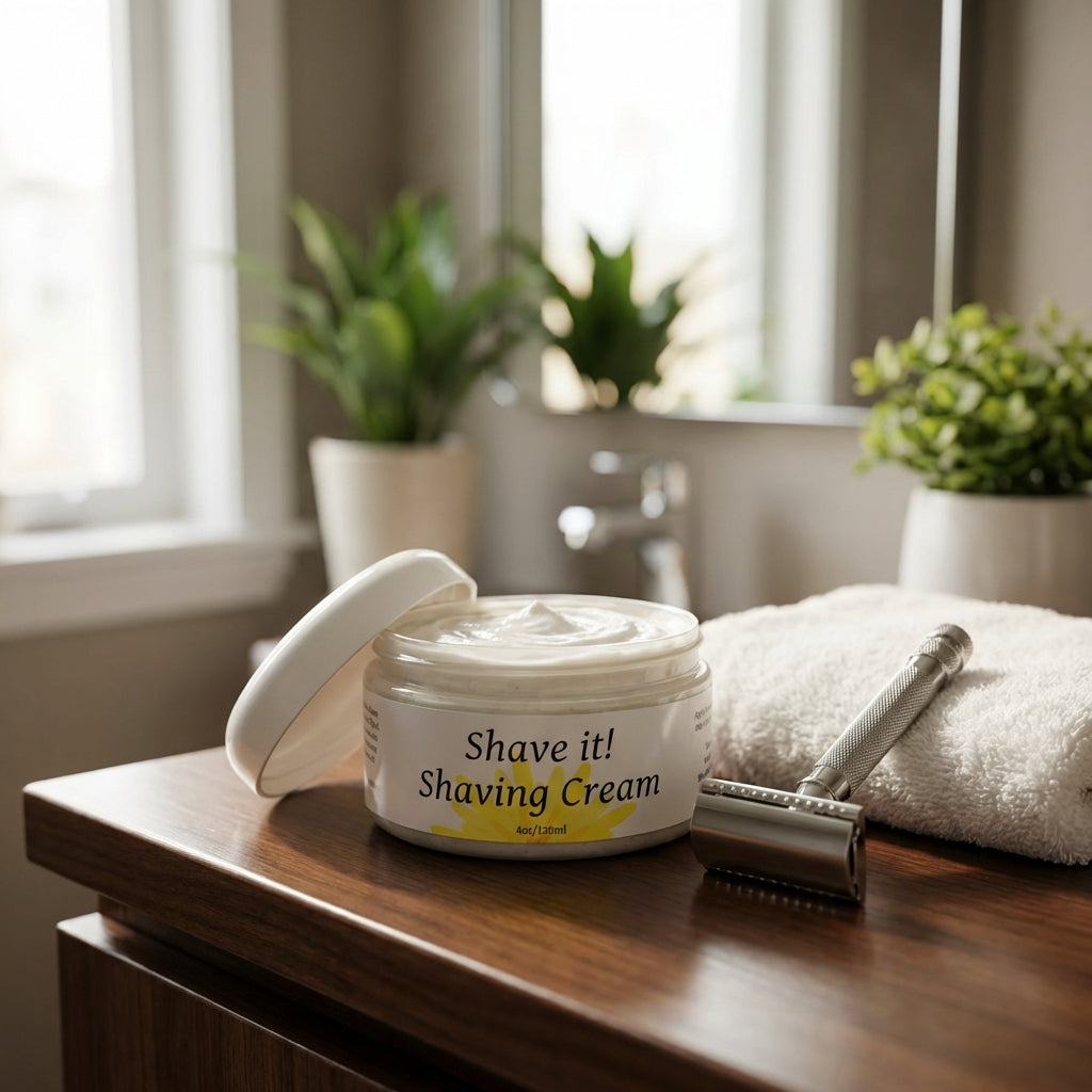 An elegant, lifestyle scene showcasing the 'Shave it! Shaving Cream' on a polished wooden bathroom counter with natural diffused daylight casting soft shadows. The product is in focus, with a slightly opened tube revealing its creamy texture, complemented 