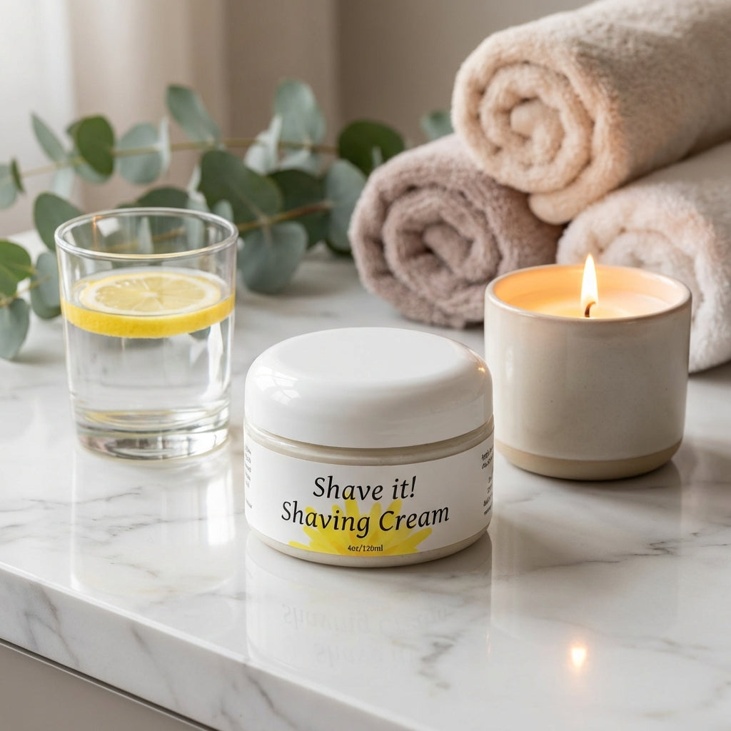 A luxurious, spa-inspired scene where the 'Shave it! Shaving Cream' is artfully placed on a marble vanity top beside a glass of water and a lit, aromatic candle. The lighting is gentle and diffused, casting a serene glow across the creamy texture of the pr