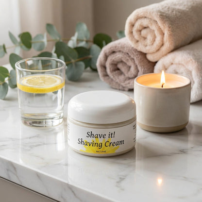 A luxurious, spa-inspired scene where the 'Shave it! Shaving Cream' is artfully placed on a marble vanity top beside a glass of water and a lit, aromatic candle. The lighting is gentle and diffused, casting a serene glow across the creamy texture of the pr