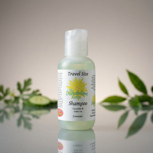 A sleek, ultra-modern studio setup showcasing the travel-size Cucumber & Green Tea shampoo bottle on a reflective glass surface, illuminated by softbox lighting for a gentle, even glow. Shot from a slightly elevated angle with a 50mm lens, the focus is sha