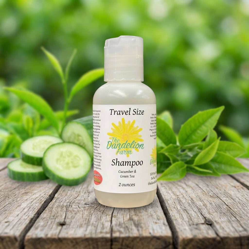 An outdoor lifestyle scene captured in natural daylight with a slight HDR effect, featuring the travel-size shampoo placed on a rustic wooden table outdoors. The scene highlights the soothing, textured label with vibrant green accents and imagery of cucumb