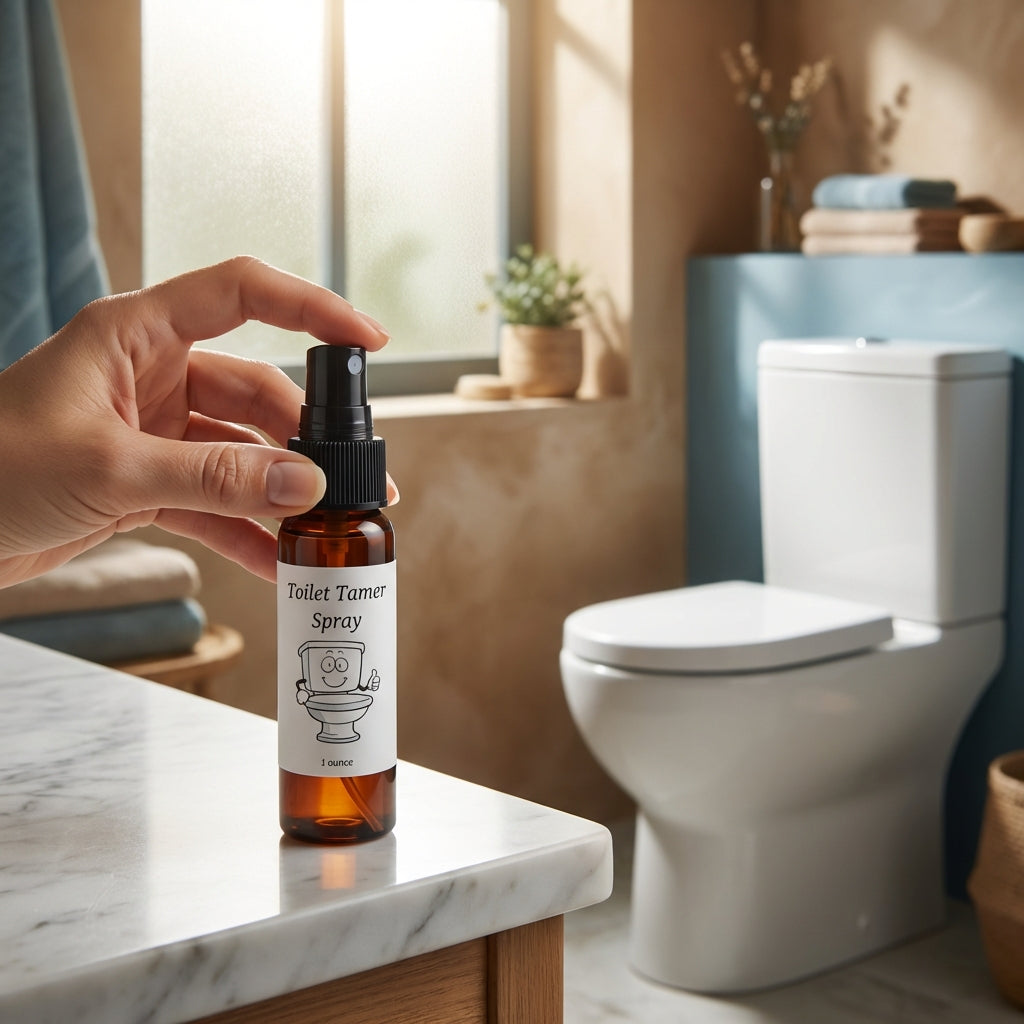 A lifestyle scene showcasing the 'Toilet Tamer' spray in a contemporary bathroom setting. The product sits on a marble countertop next to a sleek, modern toilet with a soft, warm daylight glow filtering through a frosted glass window. The scene is illumina