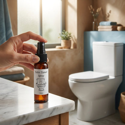 A lifestyle scene showcasing the 'Toilet Tamer' spray in a contemporary bathroom setting. The product sits on a marble countertop next to a sleek, modern toilet with a soft, warm daylight glow filtering through a frosted glass window. The scene is illumina