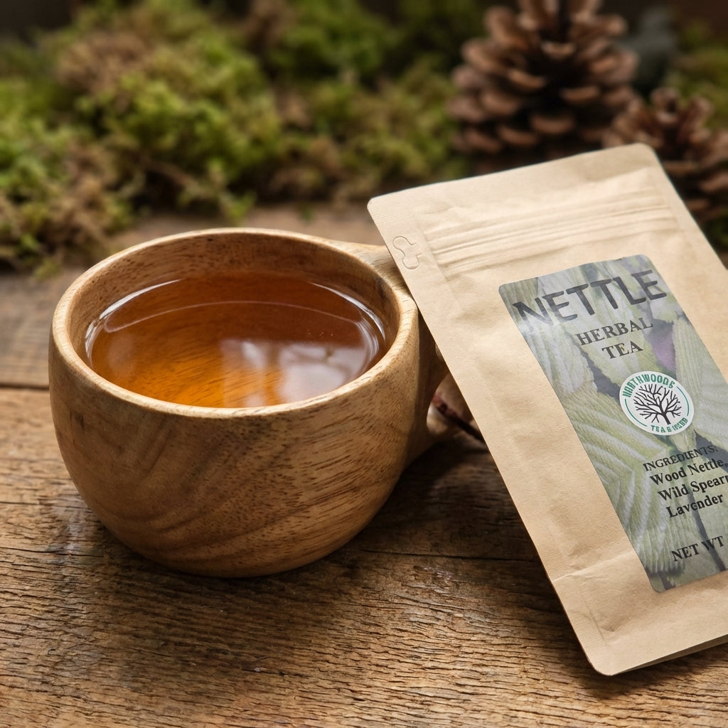 A high-resolution studio shot of 'Northwoods Tea' in a rustic wooden teacup, captured with a softbox lighting setup to highlight the warm amber hue of the tea. The scene is shot at a 50mm lens focal length with a shallow depth of field, focusing sharply on