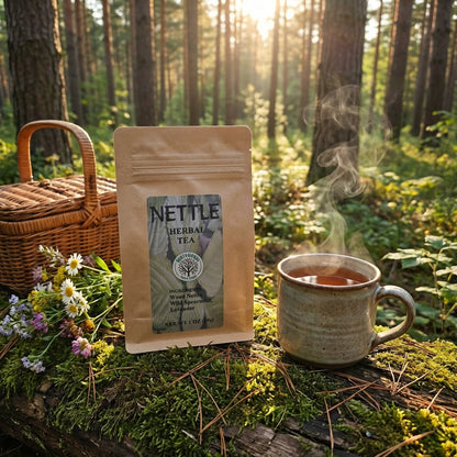 A beautifully styled Lifestyle scene featuring 'Northwoods Tea' in an outdoor forest clearing during morning golden hour. The shot is captured with a 35mm lens from a slight overhead angle, showing the tea in a ceramic mug with a steam swirl rising gently.