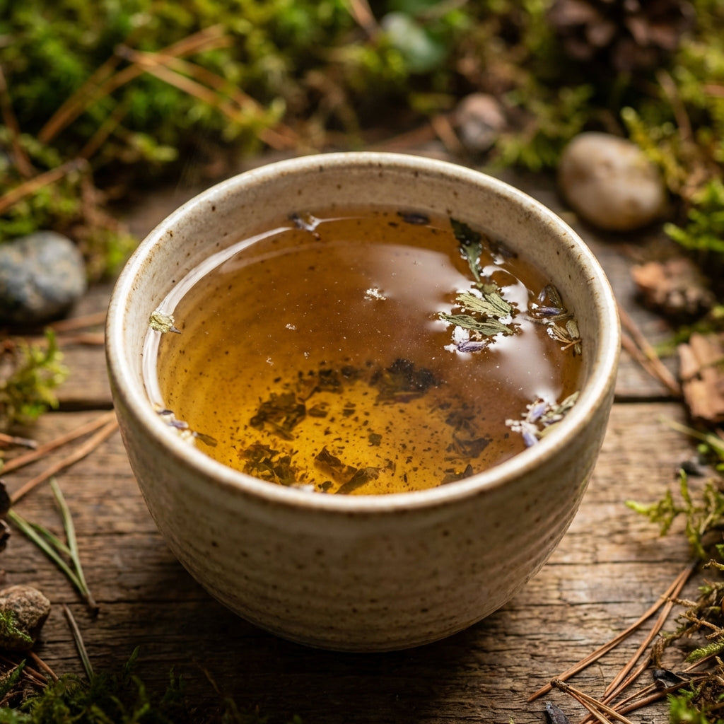 A close-up, highly detailed macro shot of 'Northwoods Tea' in a textured ceramic cup on a wooden table. The scene employs rim lighting to accentuate the contours and transparency of the tea, with a focus at f/2.8 to create a beautifully blurred background 