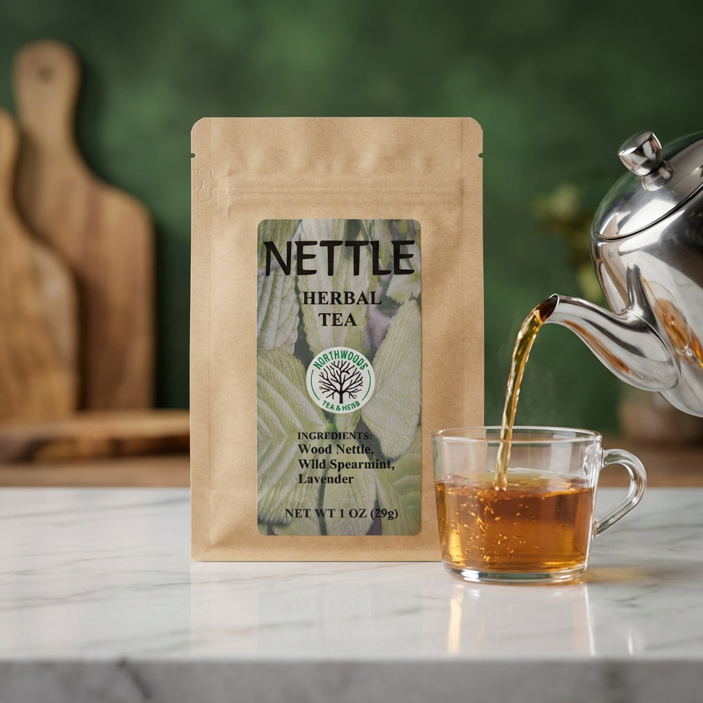 An elegant product display of 'Northwoods Tea' on a sleek, modern marble countertop with a minimalist background. The shot is captured with a 85mm lens at eye level, featuring high dynamic range lighting to evenly illuminate the glossy surface of a stainle