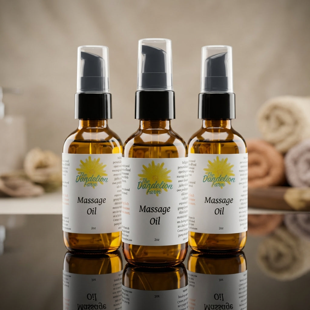 1. A close-up shot of the premium massage oil bottle set on a sleek, reflective black glass surface, illuminated by softbox lighting that emphasizes the transparent, golden hue of the oil inside. The scene features a shallow depth of field with a softly bl