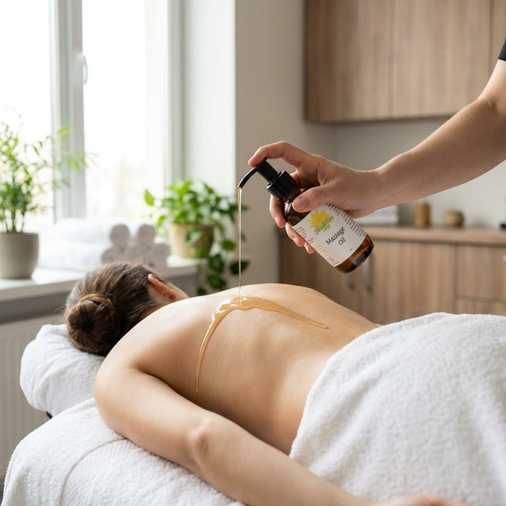 2. A lifestyle scene showing a professional massage therapist’s hand pouring the golden massage oil from a clear glass bottle onto a client’s back in a serene, spa environment. The scene is captured with a wide-angle lens (24mm) from a slightly elevated an