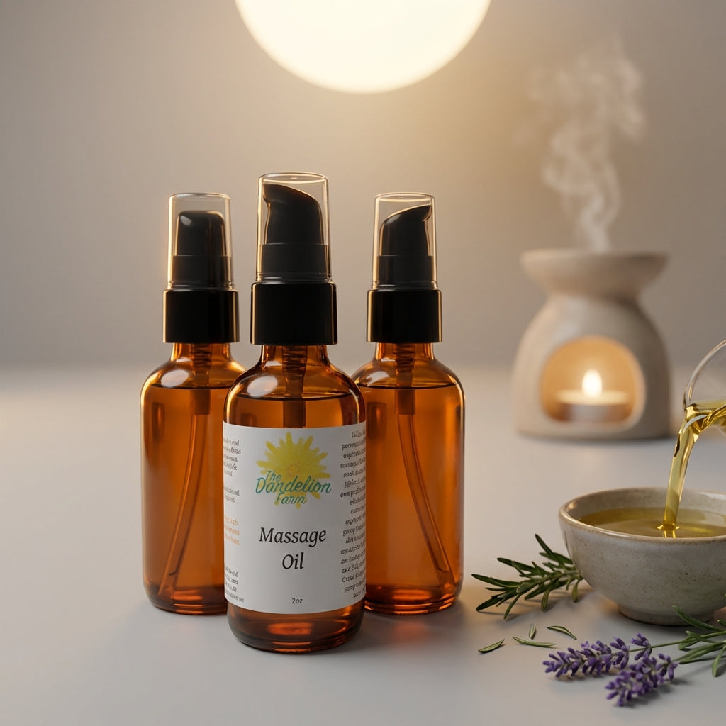 4. An elegant studio setup featuring a minimalist, neutral-toned backdrop (light gray) with a warm, ambient glow created by rim lights highlighting the contours of a clear glass massage oil bottle. The composition includes a softly diffused, round light so