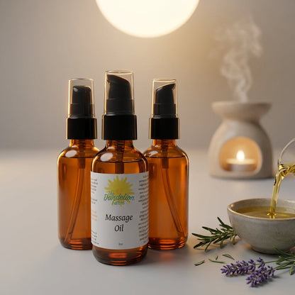 4. An elegant studio setup featuring a minimalist, neutral-toned backdrop (light gray) with a warm, ambient glow created by rim lights highlighting the contours of a clear glass massage oil bottle. The composition includes a softly diffused, round light so