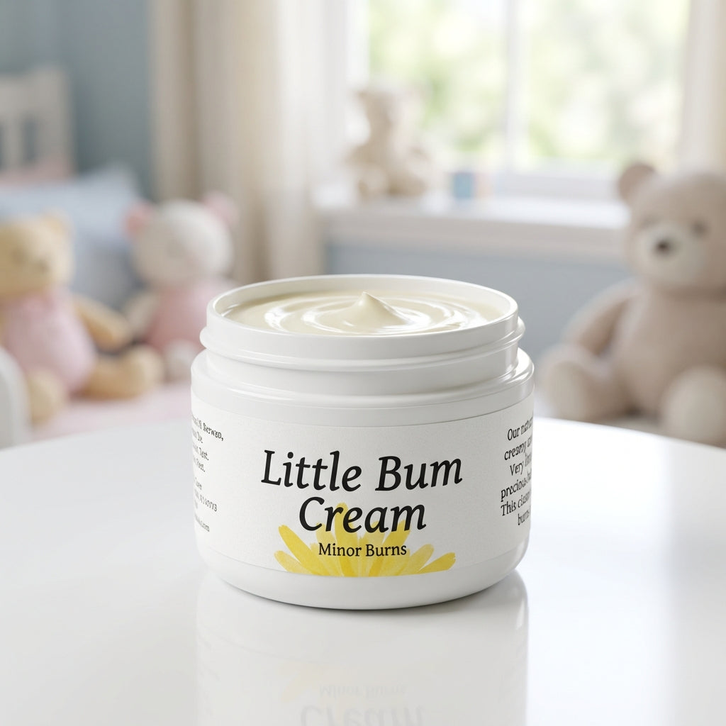 A highly detailed, studio-shot image of 'Little Bum Cream/ Minor Burns' jar, captured with professional softbox lighting to emphasize the creamy texture of the product. The jar is placed on a clean, white reflective surface, with a blurred background of a 