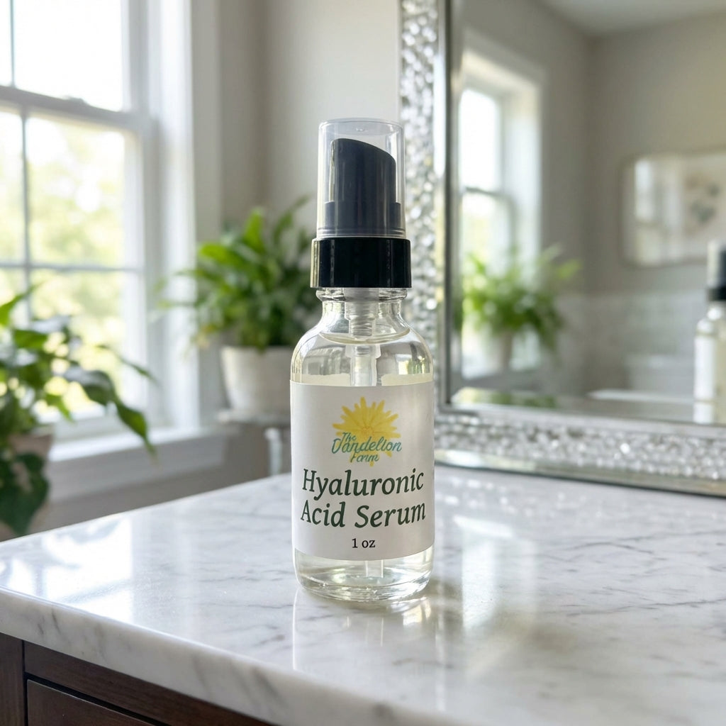 A vibrant, lifestyle-inspired scene featuring the Hyaluronic Acid Serum placed on a pristine marble vanity next to soft, natural daylight streaming through a large window. The setting includes a glistening mirror and lush green plants in the background, su
